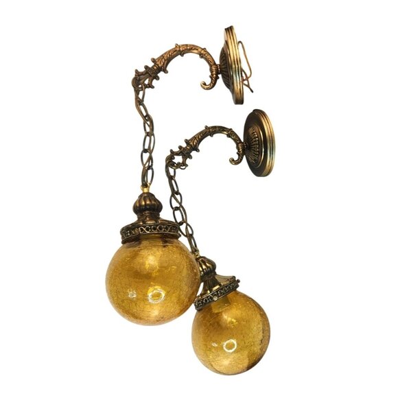 Brass & Amber Crackle Glass Vintage Wall Sconce Lighting Pair With Ornate Detail - Picture 1 of 16